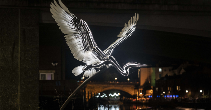 View of Lumiere Artwork Heron on Durham City riverside.